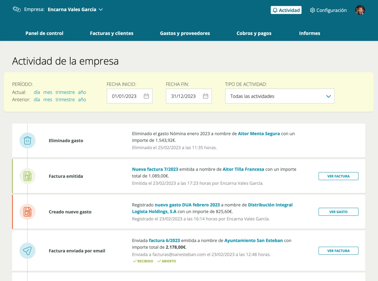 Captura de Cuéntica: El registro de actividad de la empresa: qué se emitió, modificó o eliminó, con fecha, hora y autor.