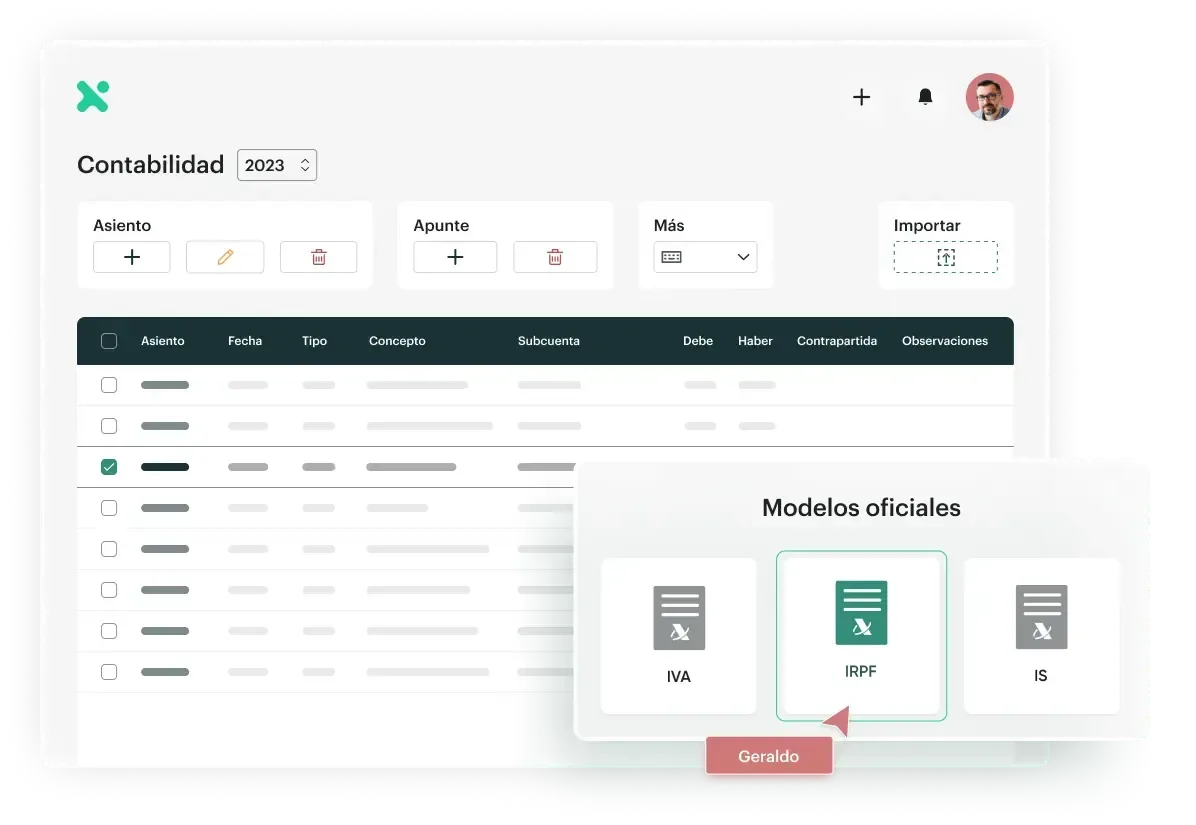 Captura de Anfix: El módulo de contabilidad: asientos, apuntes e importación, con los modelos oficiales (IVA, IRPF, IS).