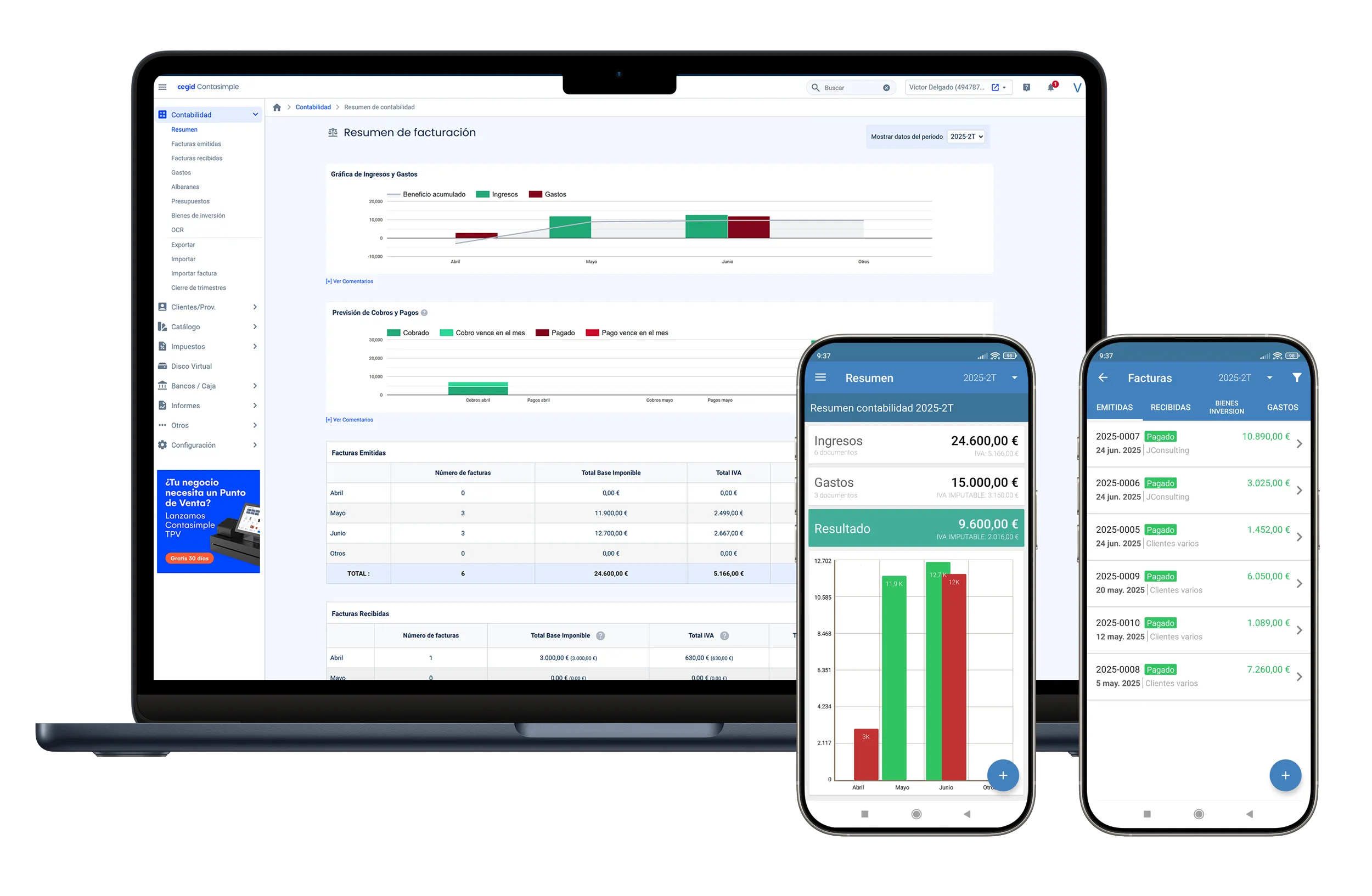 Captura de Contasimple: El resumen de facturación de Contasimple, en escritorio y móvil, con ingresos, gastos y previsión de cobros.