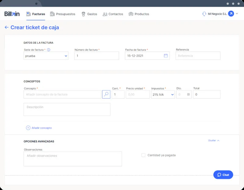 Captura de Billin: Crear un ticket de caja (factura simplificada) en pocos campos.