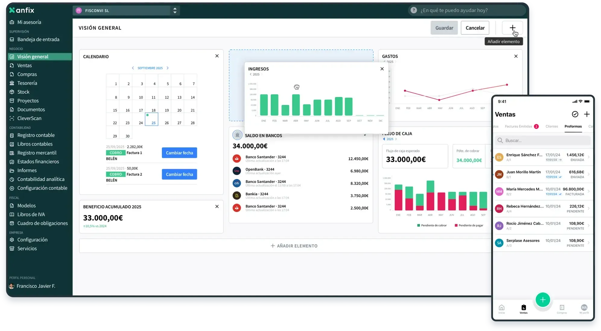 Captura de Anfix: La visión general de Anfix, en escritorio y móvil: calendario, ingresos, saldo en bancos y flujo de caja.
