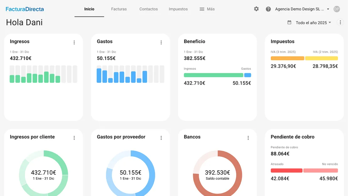 Captura de FacturaDirecta: El panel de FacturaDirecta: ingresos, gastos, beneficio e impuestos del año de un vistazo.