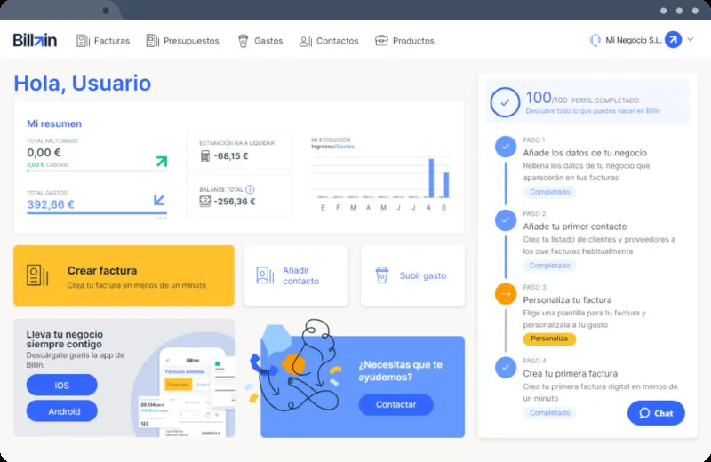 Captura de Billin: El inicio de Billin: resumen del negocio y los pasos para tu primera factura.