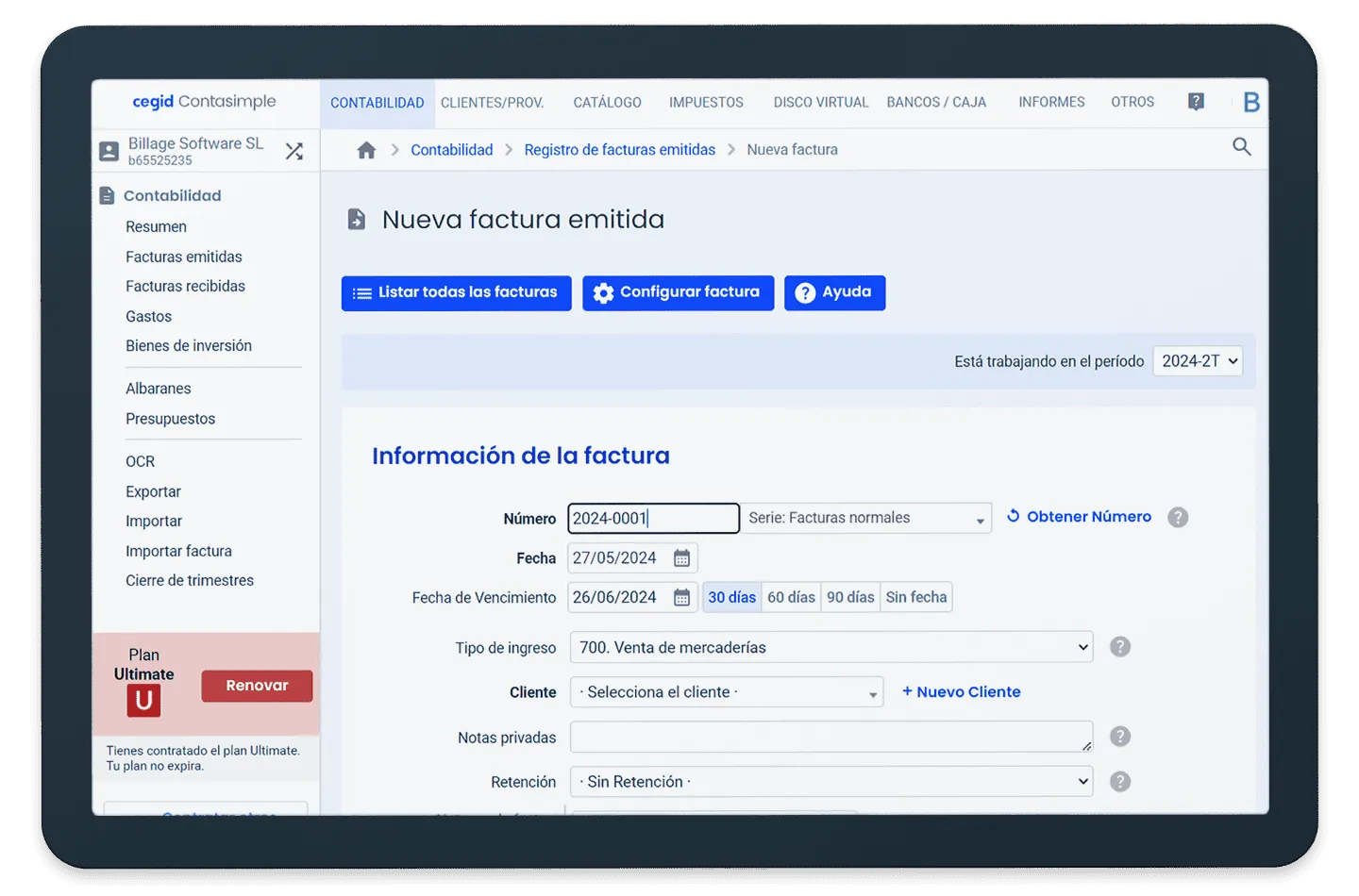 Captura de Contasimple: Emitir una factura nueva: número, fechas, cliente y tipo de ingreso.