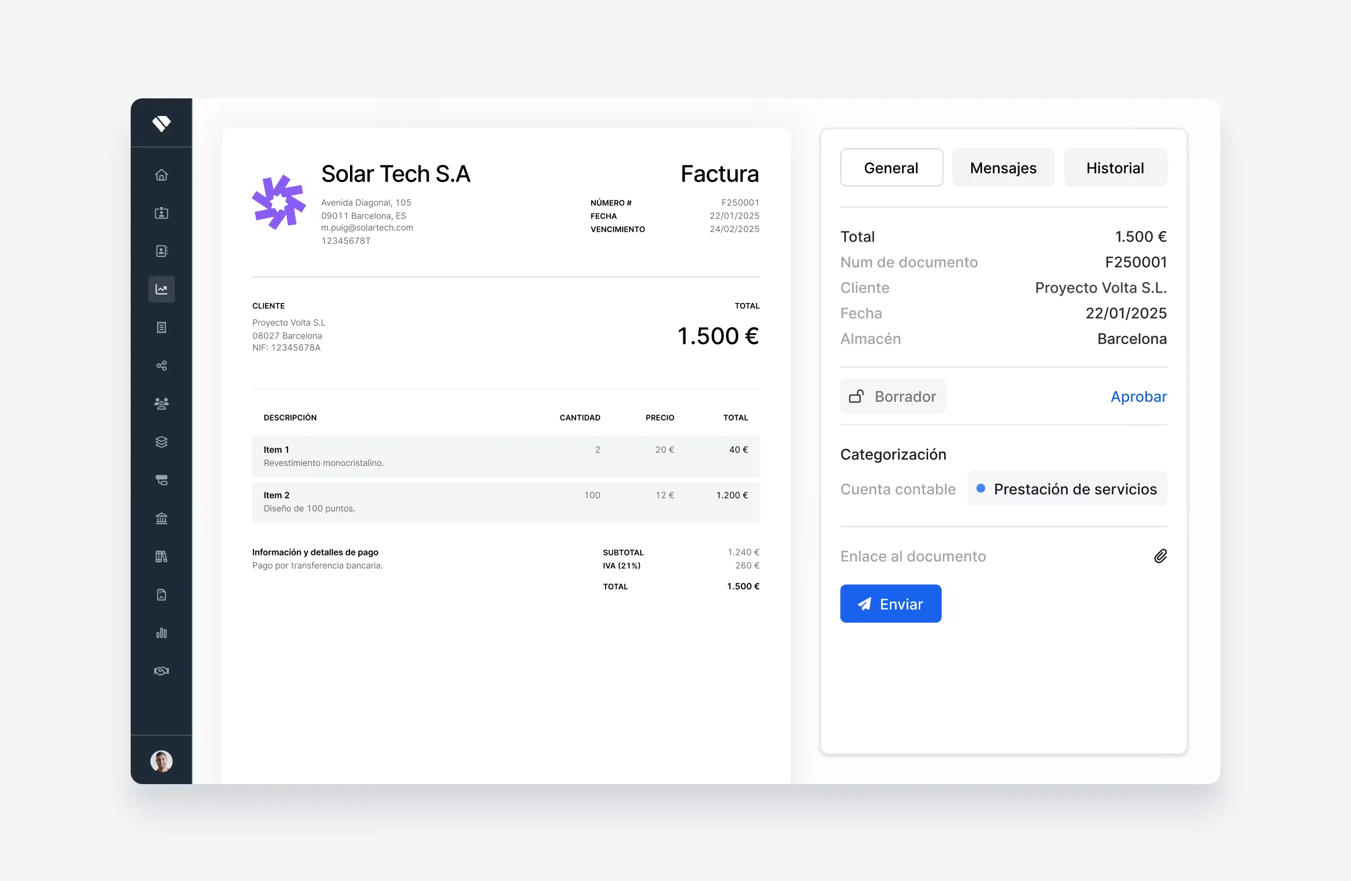 Captura de Holded: Una factura en Holded, con su panel de detalles, categorización contable y envío al cliente.