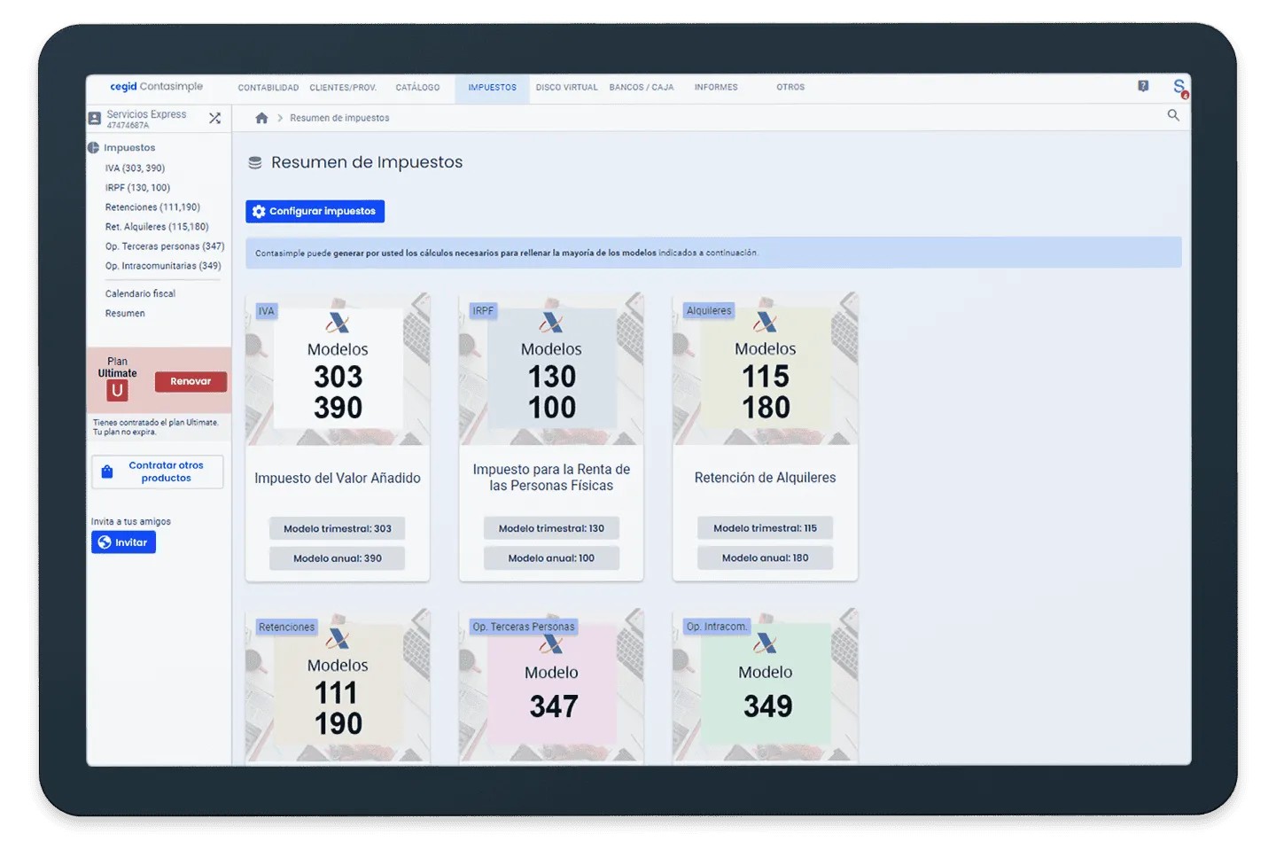 Captura de Contasimple: El resumen de impuestos: todos los modelos (303, 130, 115, 347…) listos para calcular y presentar.