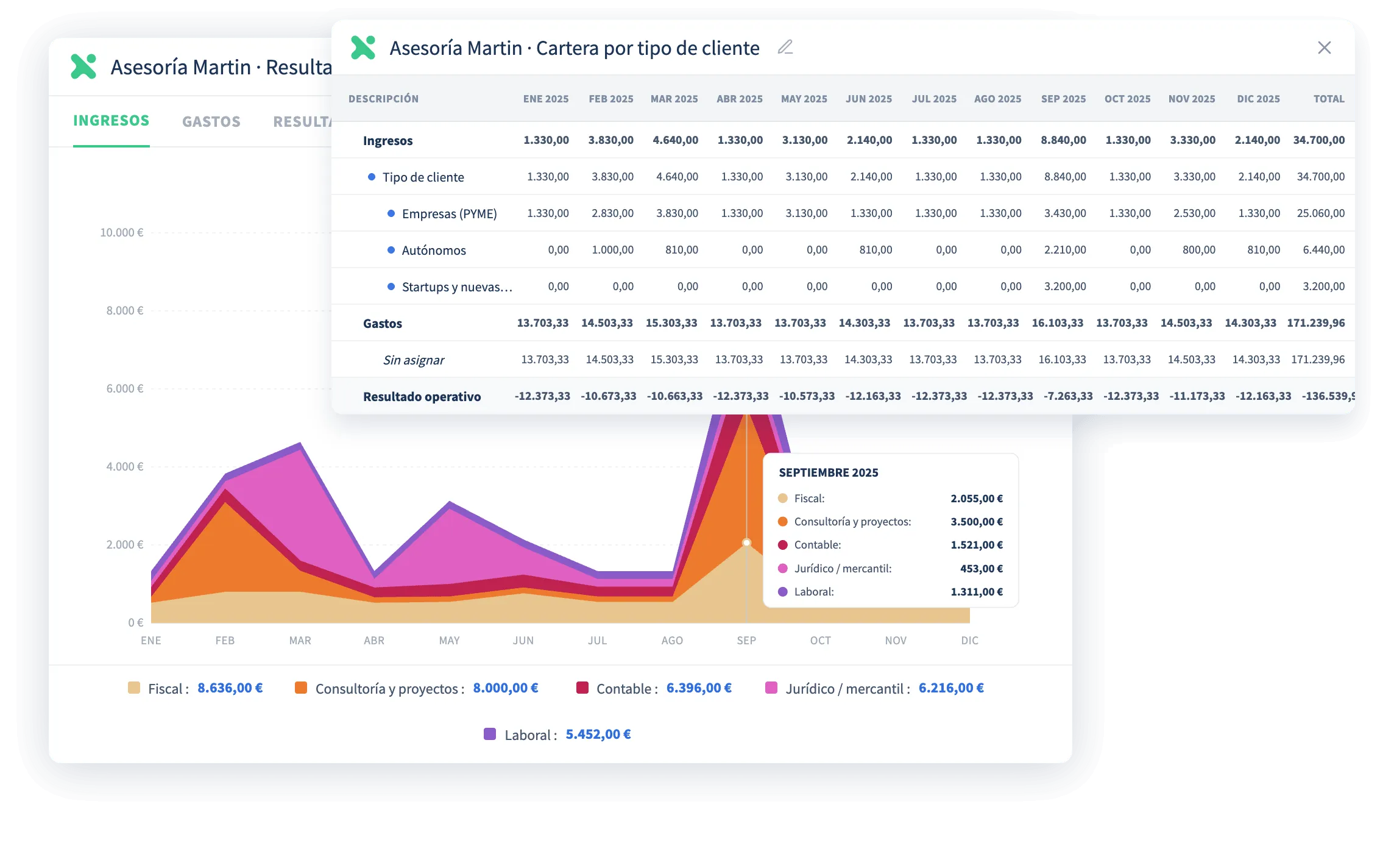 Captura de Anfix: Informes de resultados: ingresos y gastos desglosados por tipo de cliente y por área.