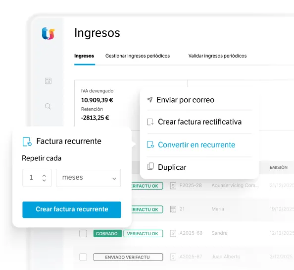 Captura de Quipu: Cada factura, con su estado de cobro y su registro Verifactu ("VERIFACTU OK") a la vista.