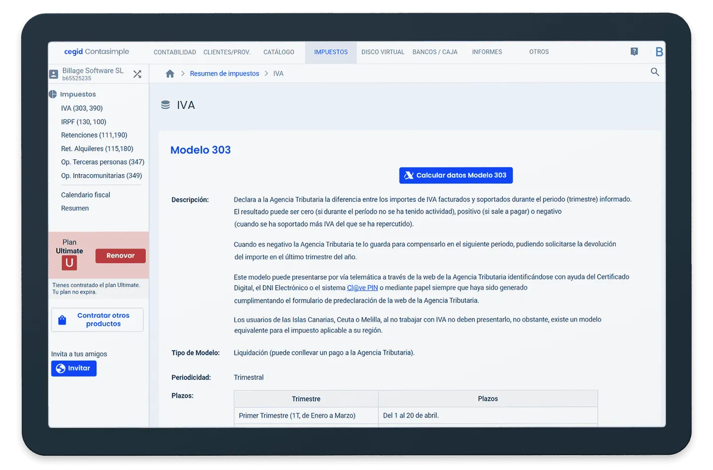 Captura de Contasimple: El detalle de un modelo (aquí el 303 de IVA): qué declara, plazos y cálculo con un clic.