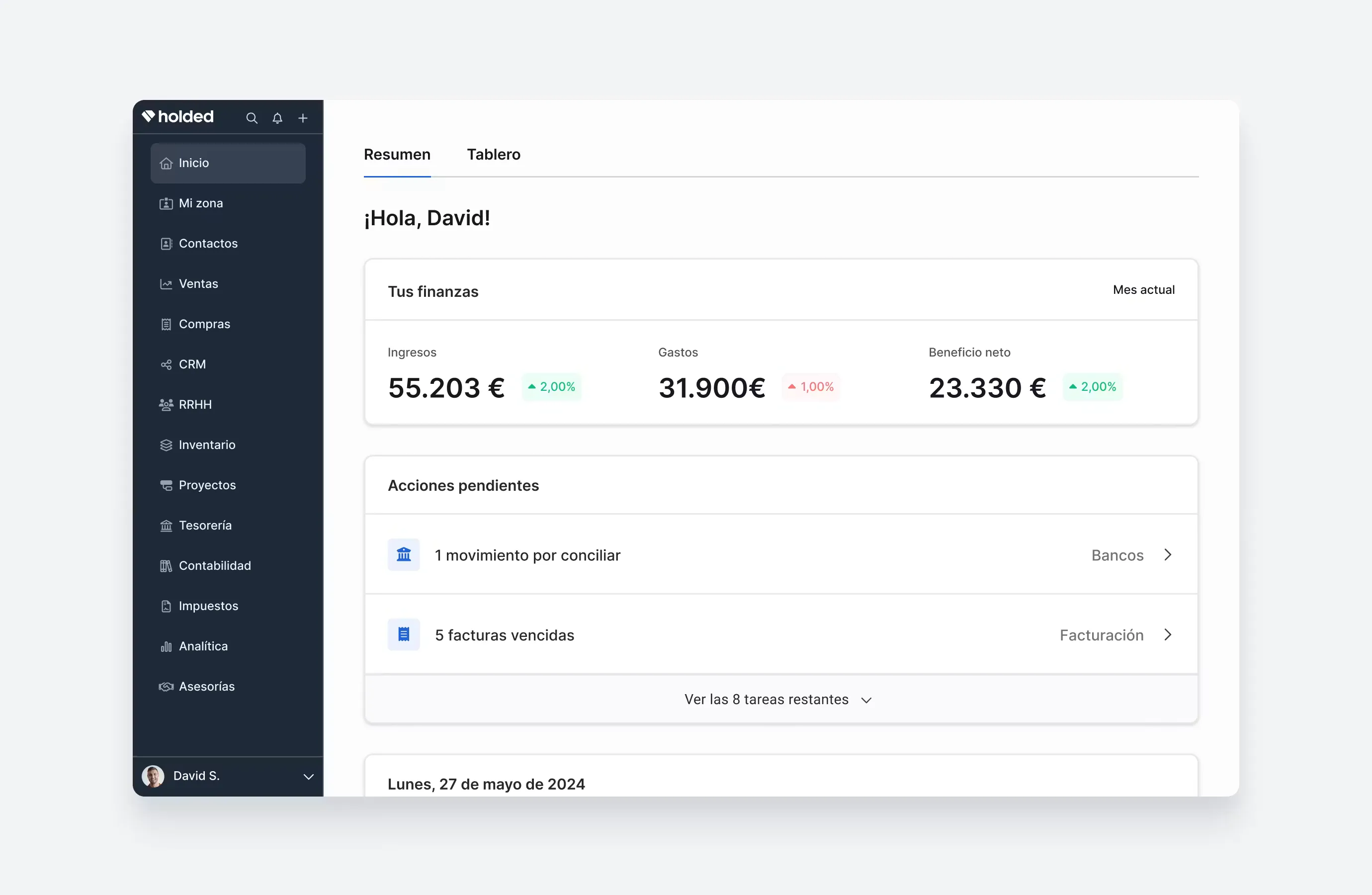 Captura de Holded: El inicio de Holded: ventas, compras, CRM, RRHH, inventario, tesorería y contabilidad, todo en el mismo menú.
