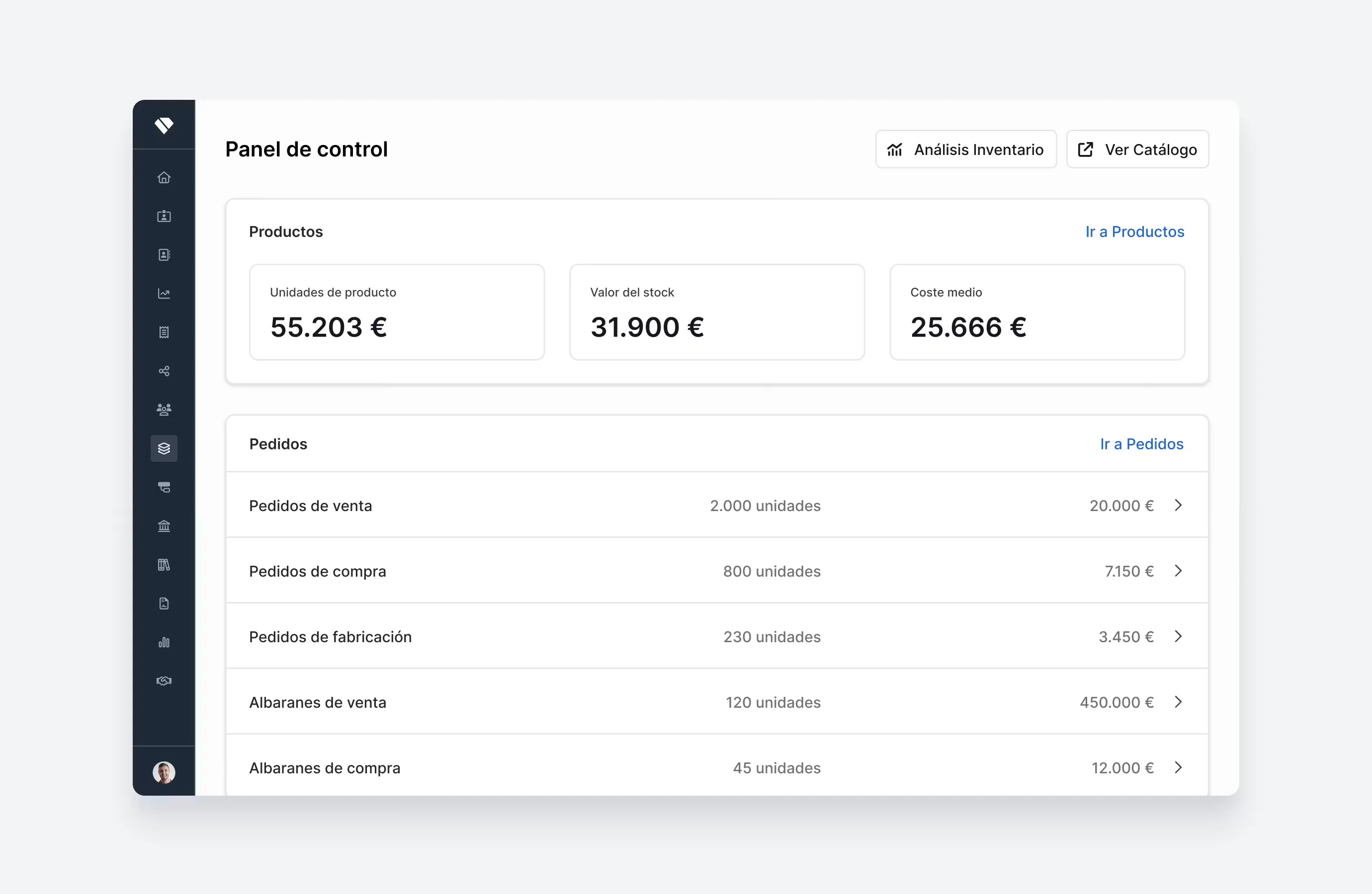 Captura de Holded: Panel de inventario: stock, pedidos de venta y de compra, albaranes.