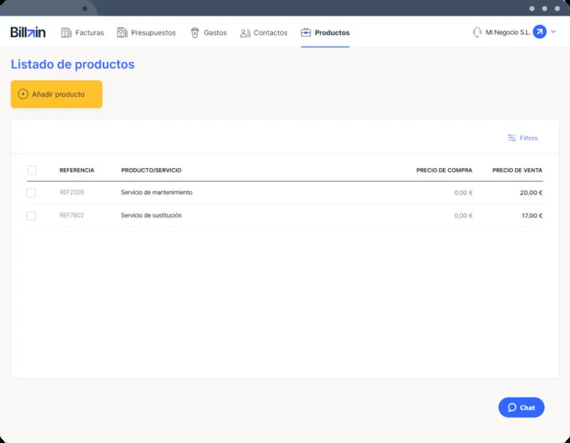 Captura de Billin: Tu catálogo de productos y servicios, listo para reutilizar en cada factura.