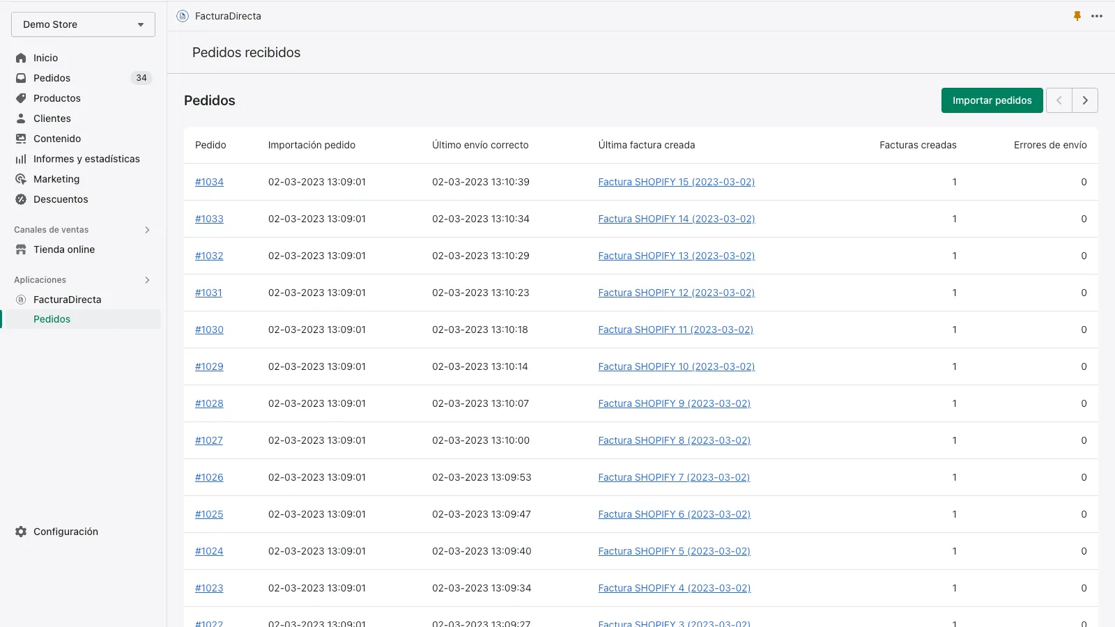 Captura de FacturaDirecta: Generación automática de facturas desde los pedidos de tu tienda online (Shopify).